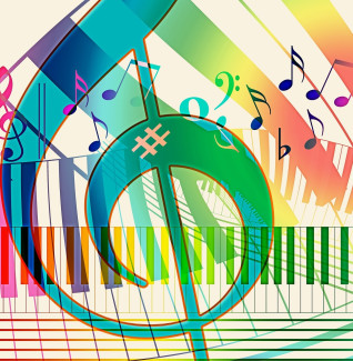 bunte Noten und Klaviatur